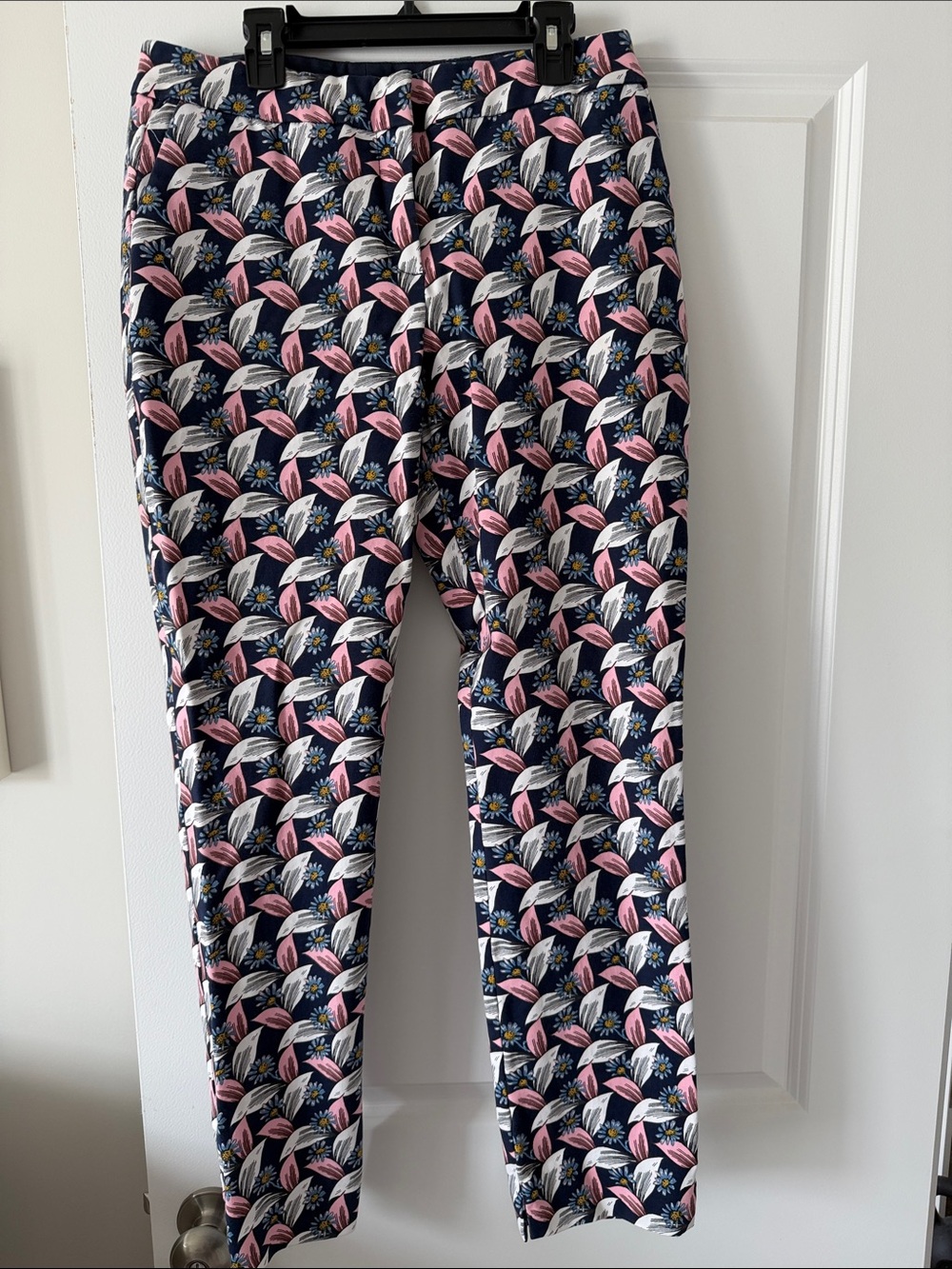 Boden Navy Floral Print Pants with Pink & White Leaves